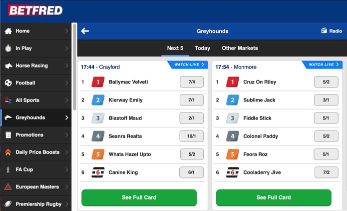 Screenshot of Betfred's Greyhound Racing