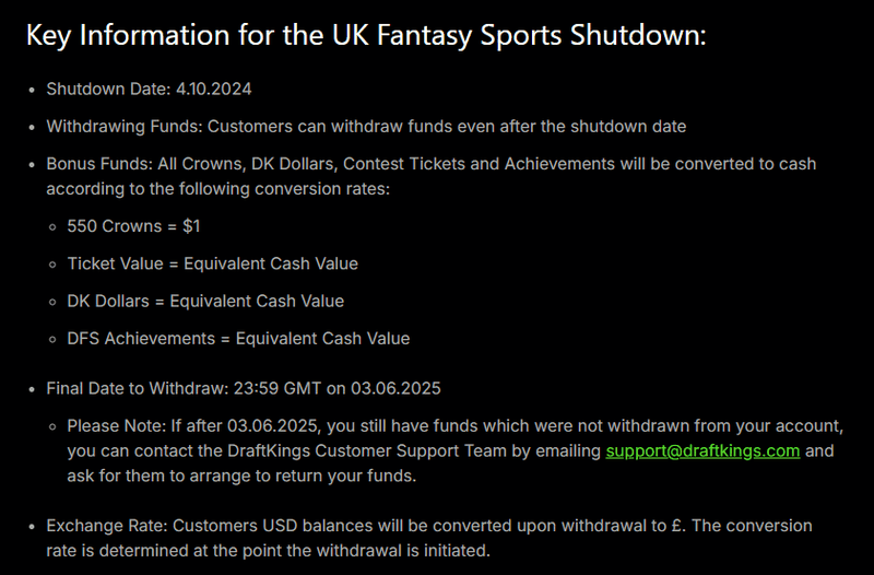 Draft Kings Website Message