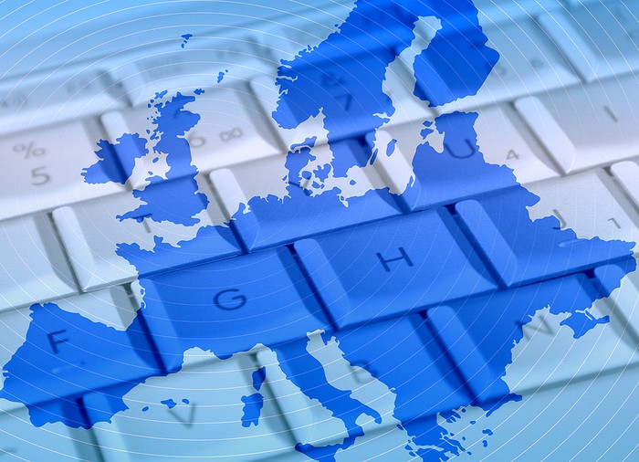 Blue Map of Europe Against Keyboard