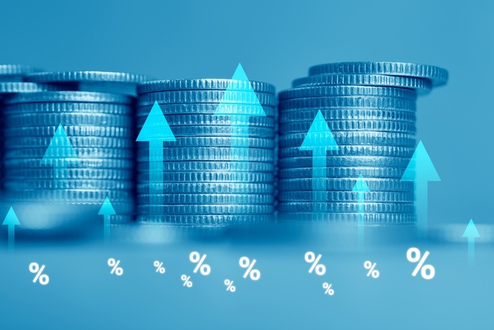Coin Stacks with Percentages and Up Arrows